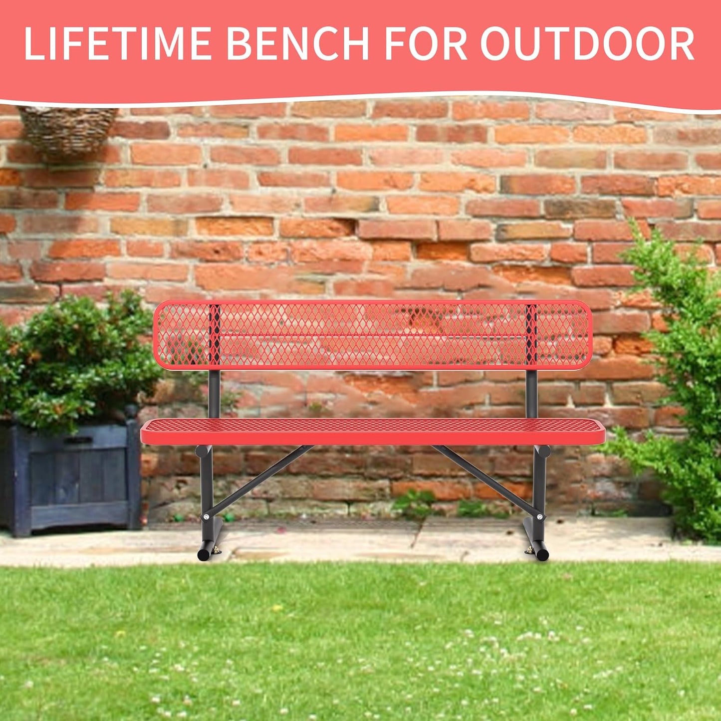 6 Feet Heavy Duty Metal Park Bench for Outside, Outdoor Bench with Backrest & Portable Frame, Commercial Benches for Shopping Malls, Stores, Parks, Patios, Decks, Red