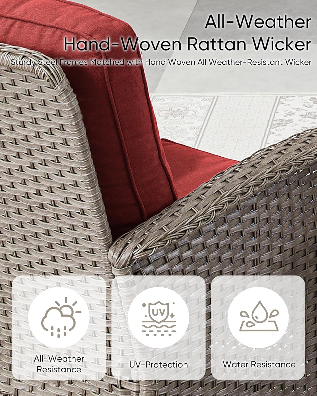 HUMMUH Outdoor Patio Couch-Outdoor Rattan Couch with Thick Cushions Outdoor Sofa for Deck Lawn Porch Balcony Poolside-Grey/Red