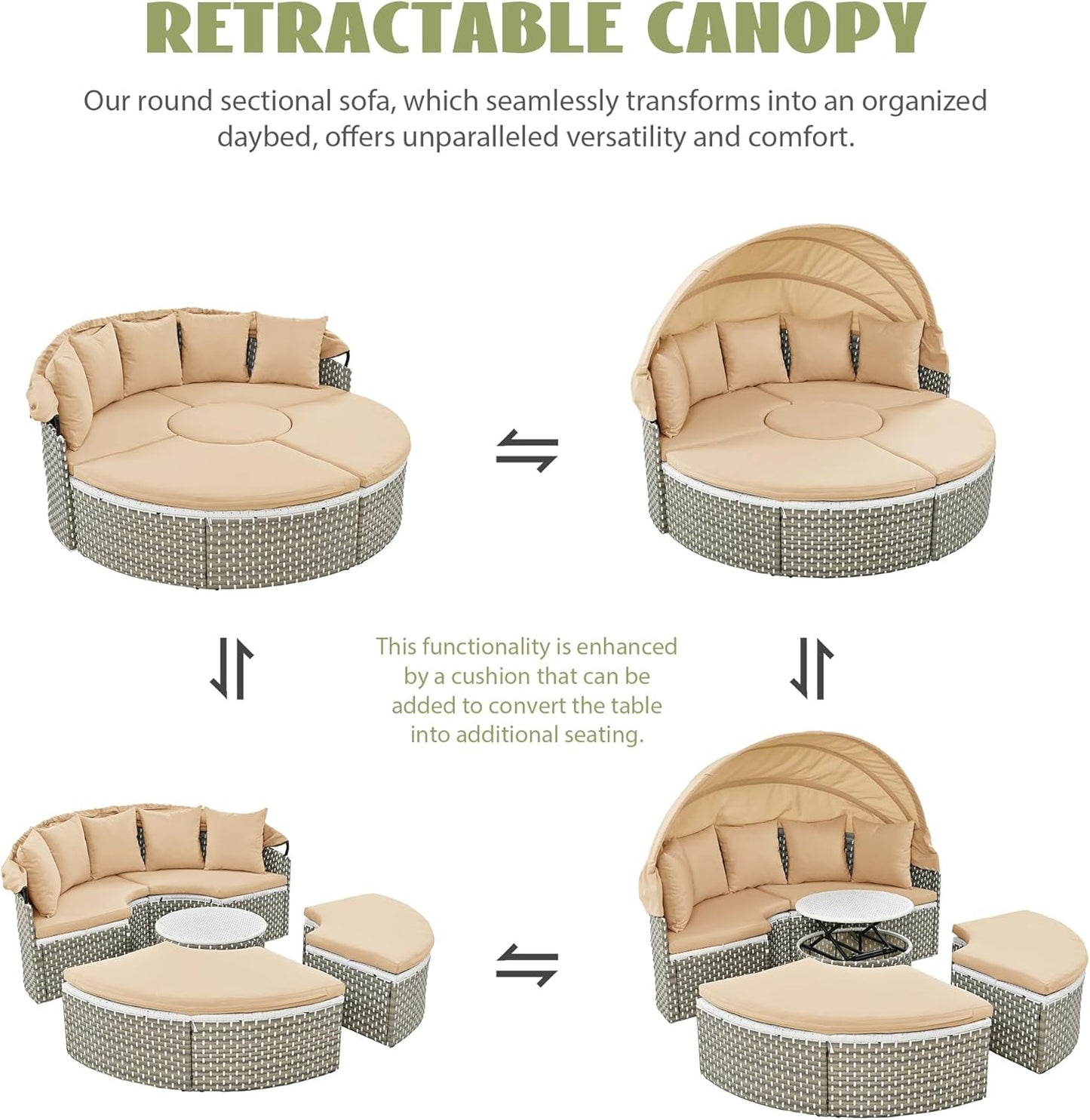 kevinplus Outdoor Daybed Patio Sunbed Round Sectional Sofa Couch Set with Retractable Canopy & Lift-Top Coffee Table, PE Rattan Material for Garden Backyard, Light Coffee