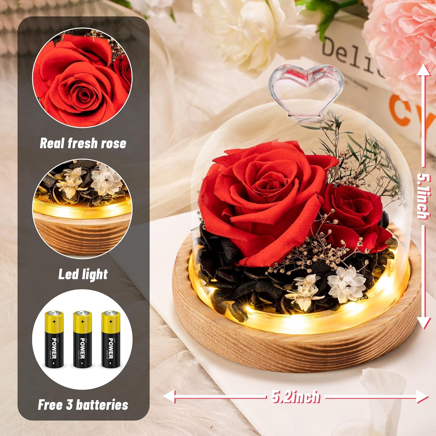 Flowers, Roses, Gifts - Preserved Flower Bouquets - Forever Roses Birthday Gifts for Women, Christmas, Mothers Day - Fresh Flowers That Last - Flowers for Delivery - Battery Included