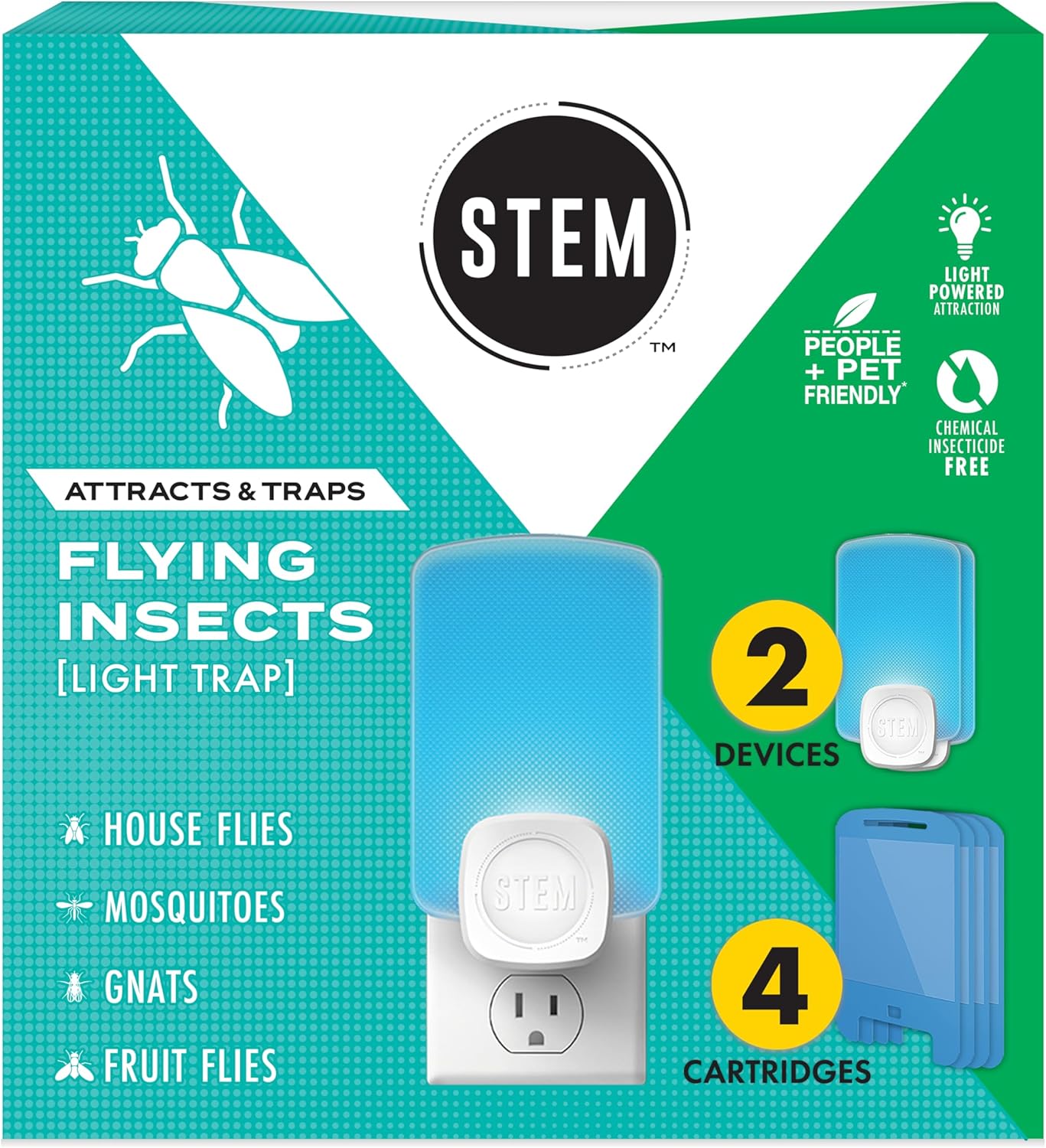 STEM Light Trap: Indoor Fruit Fly Trap, Effective Insect Control for Home, Attracts and Traps Flying Insects, Emits Soft Blue Light, Starter Kit with 2 Plug-in Devices and 4 Catridges
