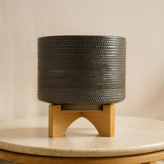 Sagebrook Home Ceramic Planter with Bamboo Stand - Textured Mid-Century Modern Plant Pot for Indoor & Outdoor Home Garden Decor - 10" Green