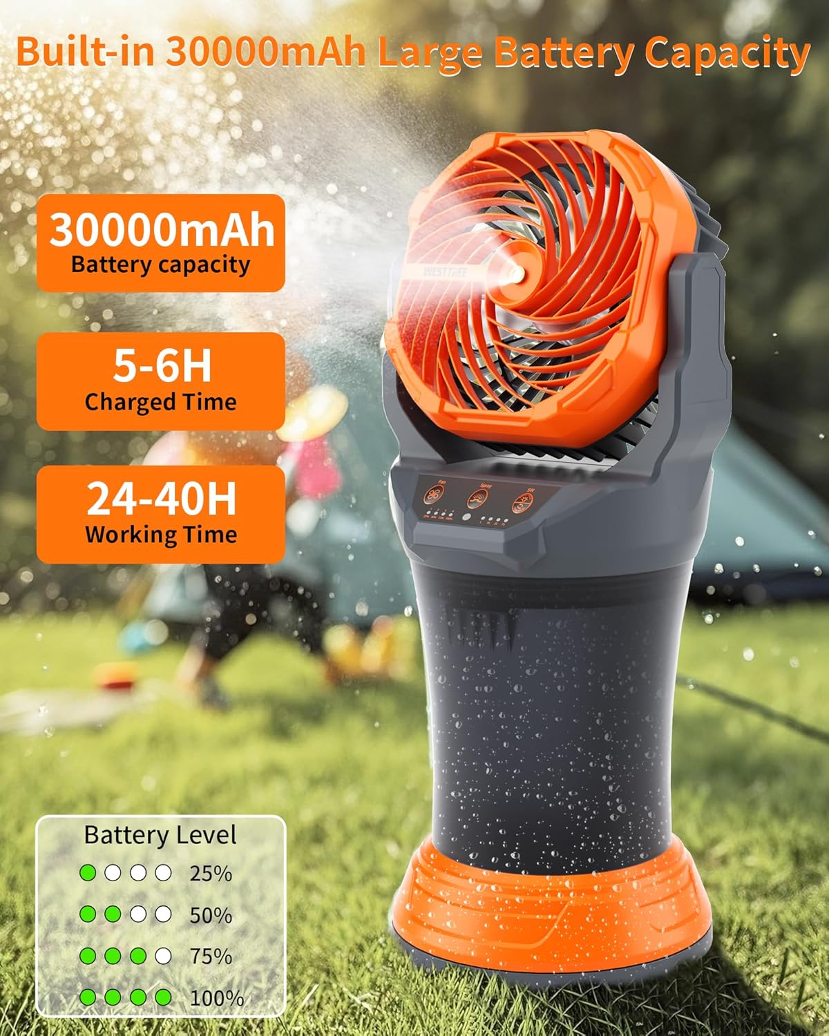 Portable Misting Fan with Larger Battery Fan-Rechargeable Outdoor Misting Cooling Fans with 2L Water Tank,RGB Lights,4 Speeds & Spray Modes-for Patio, Camping, Beach, Workshop (Gray-Orange)