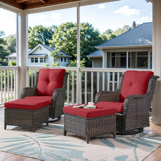 4 Pieces Patio Furniture Sets, Wicker Patio Swivel Glider Chair with Ottomans, Outdoor Furniture Set for Outside Porch, Deck, Balcony, Garden