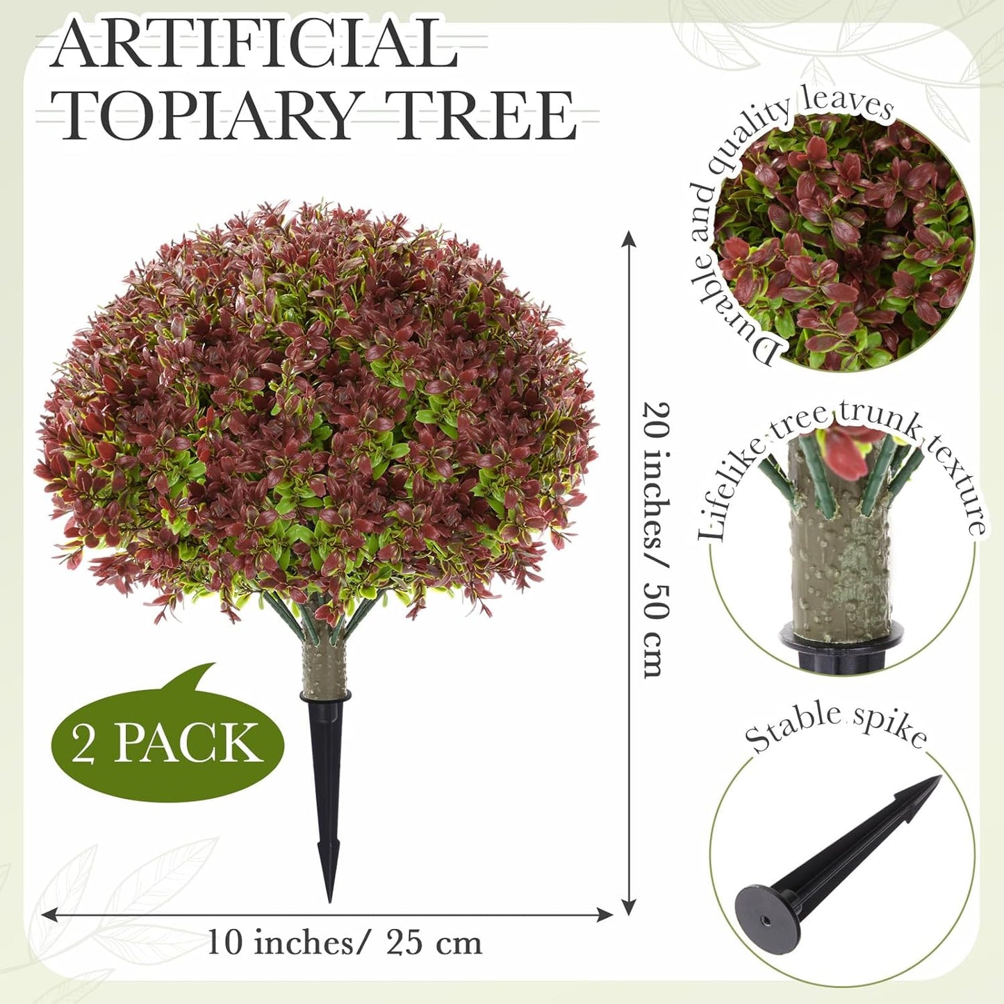 Yunlly 2 Pack 18" Artificial Boxwood Ball Bush Topiary Trees Fake Outdoor Plants, Realistic UV Resistance Faux Shrubs with Spike Greenery Topiary for Front Porch Garden Yard Patio Indoor (Dark Red)