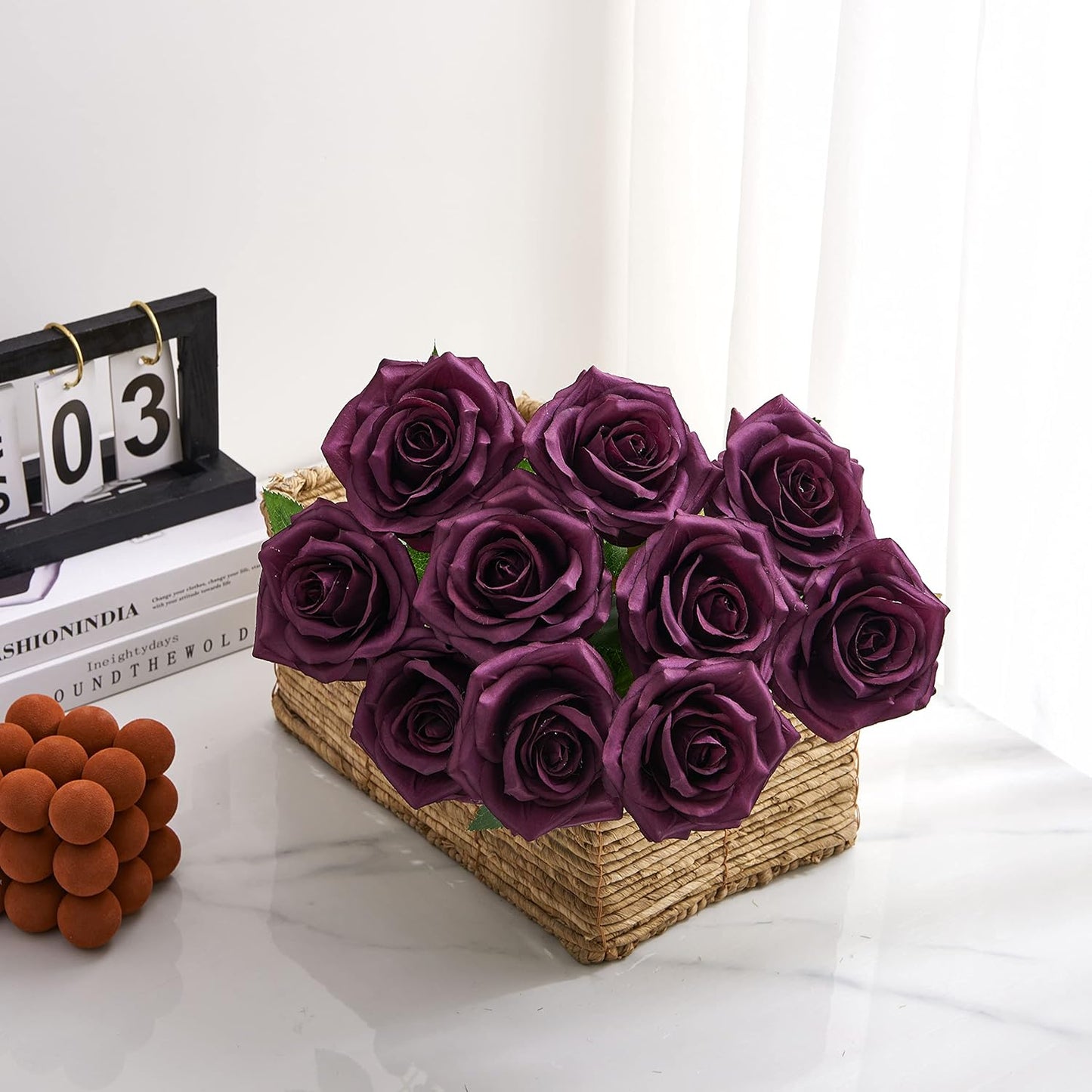 Plum Artificial Rose 10pcs Open Flower Bouquet Faux Rose Stems for Wedding Arrangement, Bridal Bouquet, Centerpiece, Fake Faux Silk Flowers