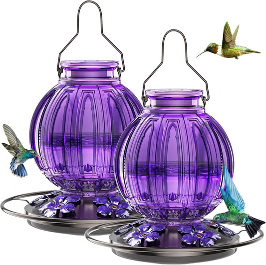 2 Pack Glass Hummingbird Feeder for Outdoors Hanging, Bird Nectar Feeder with Perch & 5 Flower Feeding Ports, 26 Oz Leak Proof for Outside Garden Decor Backyard, Gifts for Women Mom, Purple
