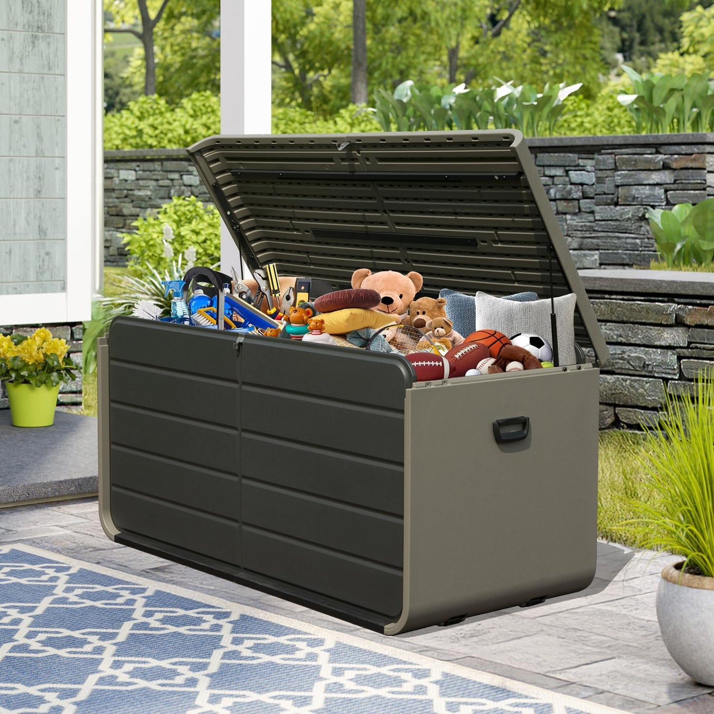 Domi 200 Gallon Outdoor Storage Box – Waterproof, UV-Resistant Deck Box with Lockable Lid for Patio Furniture, Garden Tools, Delivery Packages (Large Resin Storage Bin）