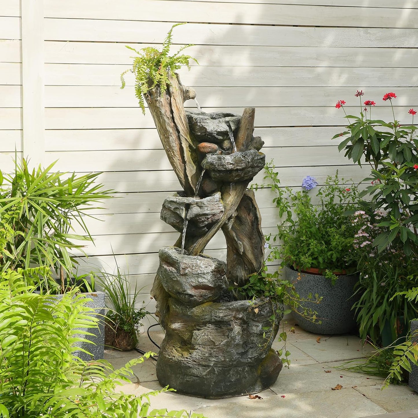 Outdoor Cascading Water Fountain Garden, 43.7'' Resin Tree Trunk & Rock Design Garden Waterfall Feature with LED Lights for Patio, Porch, Backyard and Home Decor, Gift