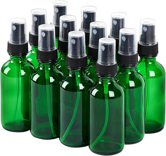 2 oz Glass Spray Bottles, Reusable Fine Mist Sprayer Small Spray Bottle, Leak-Proof Design, Perfect for Travel, Skin Care, Perfumes, Botanical, Cleansing (Green, 2oz-12pcs)