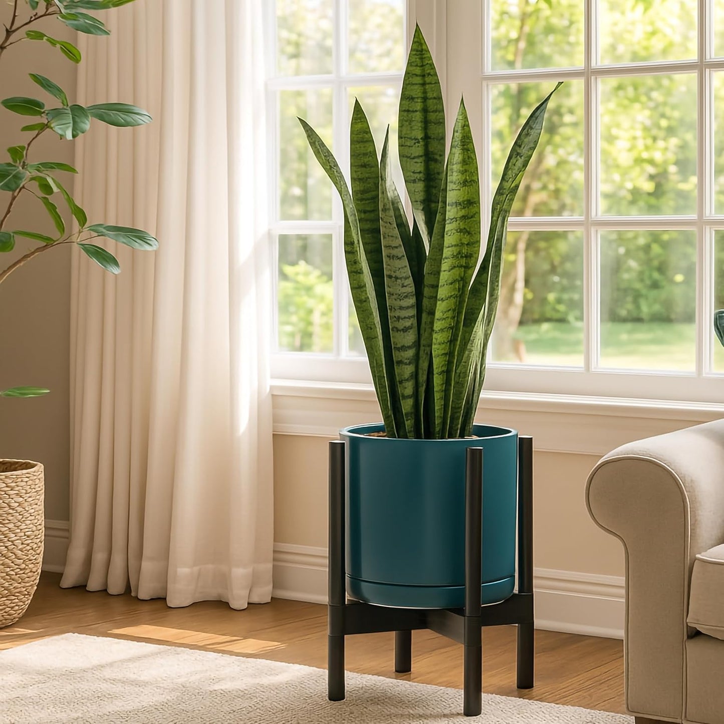 D'vine Dev Ceramic Planter with Ebony Stand - 12 Inch Modern Round Flower Pot with Wood Planter Holder, Teal, 55-B-H-4