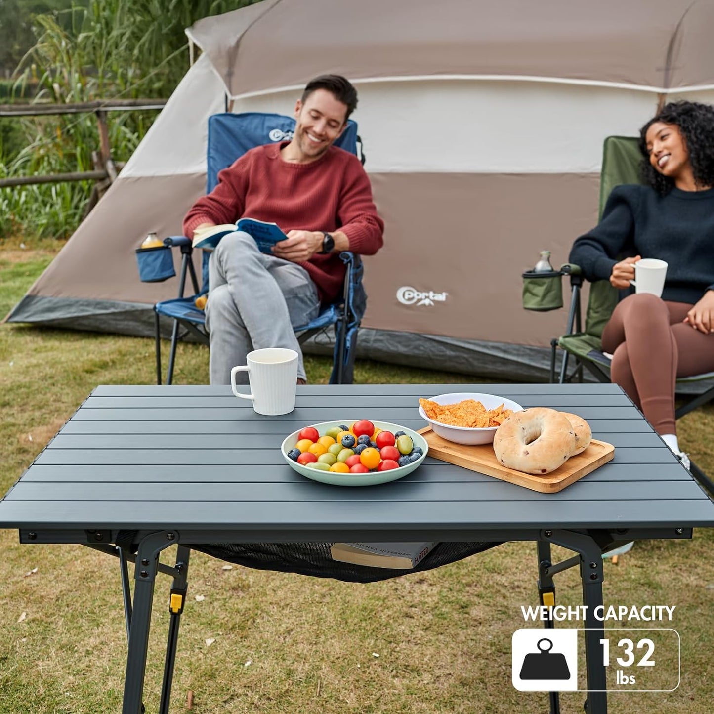 PORTAL Outdoor Folding Portable Picnic Camping Table with Adjustable Height Aluminum Roll Up Table Top Mesh Layer, Dark Gray