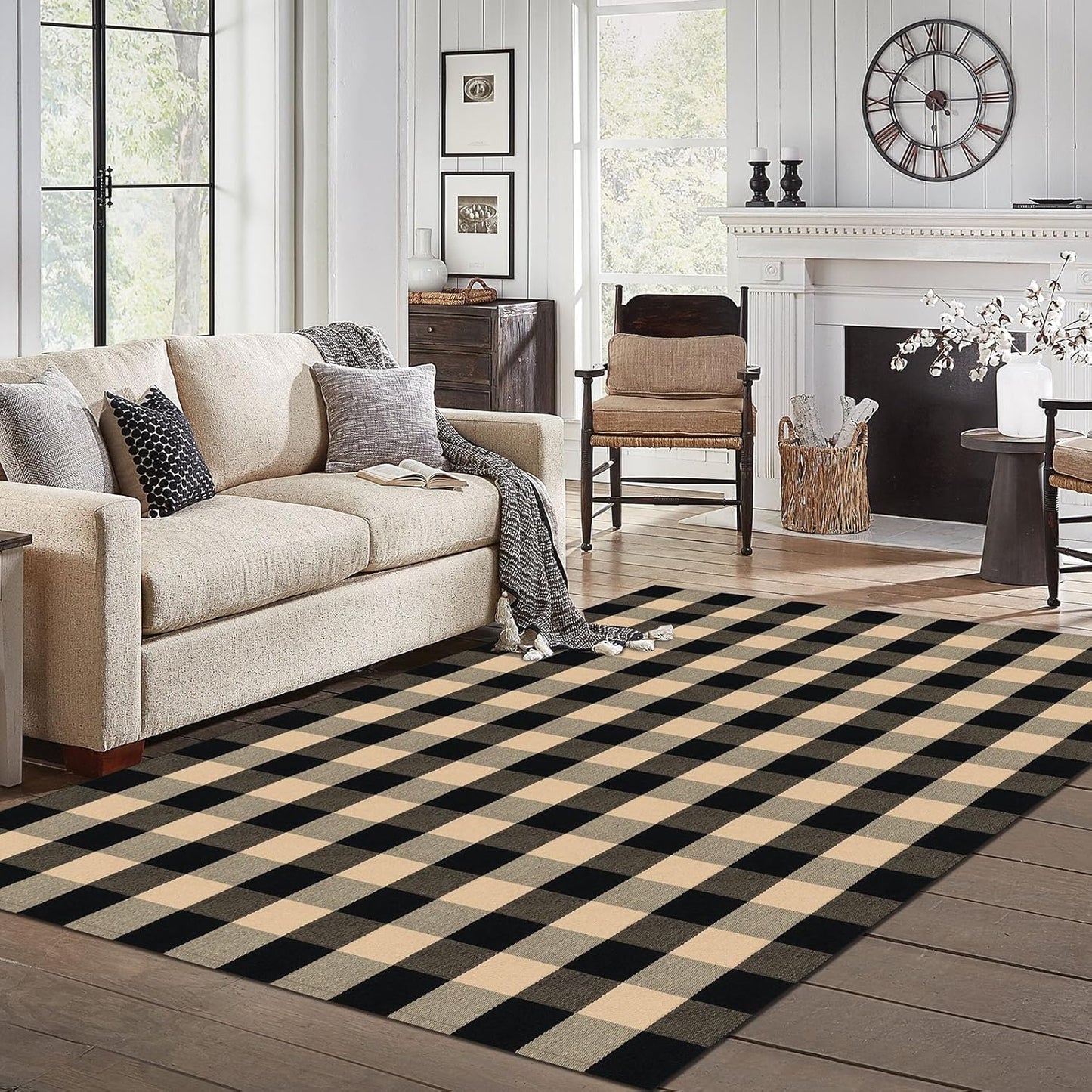 IOHOUZE Buffalo Plaid Rug 5x7 Ft Indoor Outdoor Rug, Washable Rugs for Living Room, Spring Summer Welcome Mats Outdoor, Cotton Area Rug for Farmhouse/Entryway/Home Entrance,Tan Black