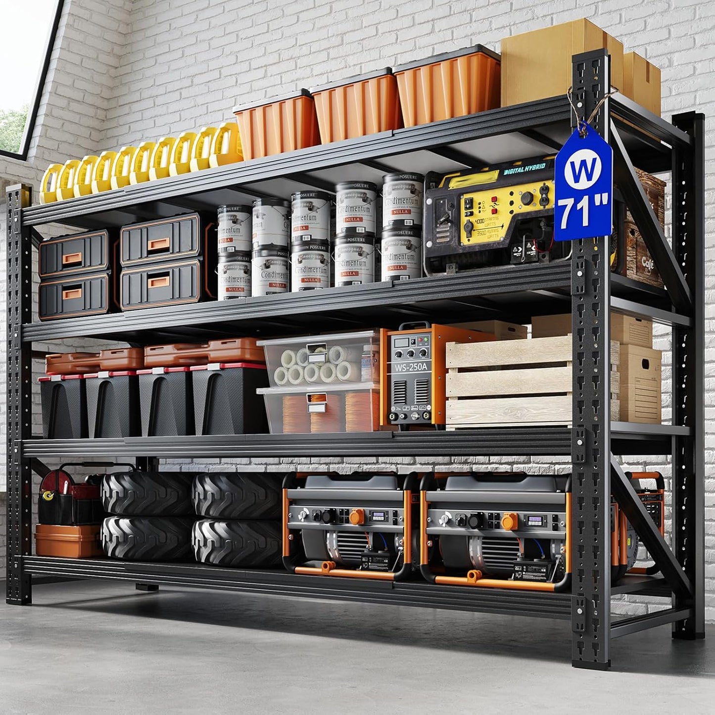 Yizosh 71" W Metal Garage Storage Shelves,5000LBS Heavy Duty 4-Shelf Adjustable Steel Organization Shelving,Utility Rack Shelf,71" W x 24" D x 69" H for Basement,Warehouse,Industrial
