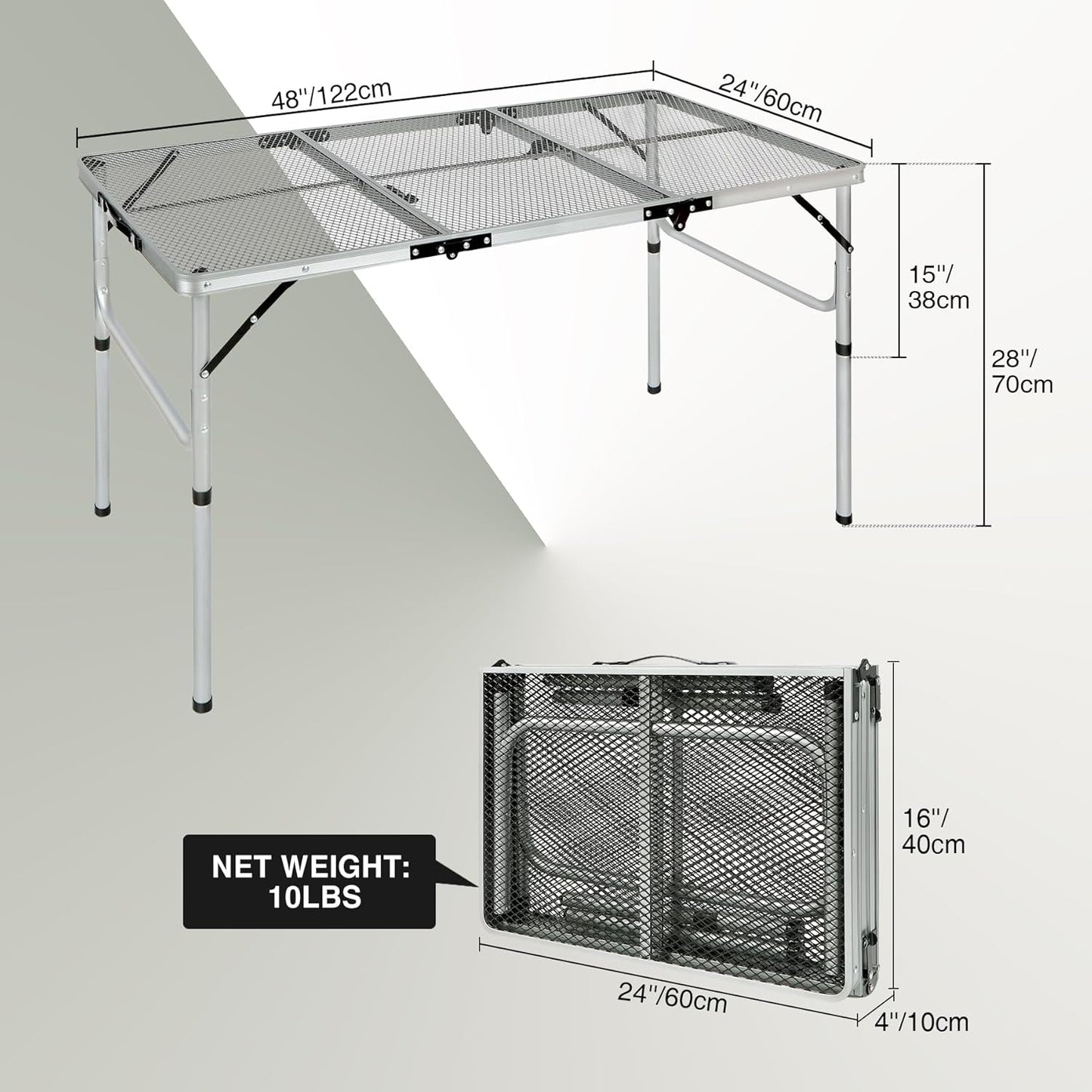 REDCAMP 48x24 Long Folding Grill Table for Outside, Lightweight Portable Metal Aluminum Outdoor Grill Table with Adjustable Height Legs, Great for Camping Picnic Cooking BBQ, Silver 4ft