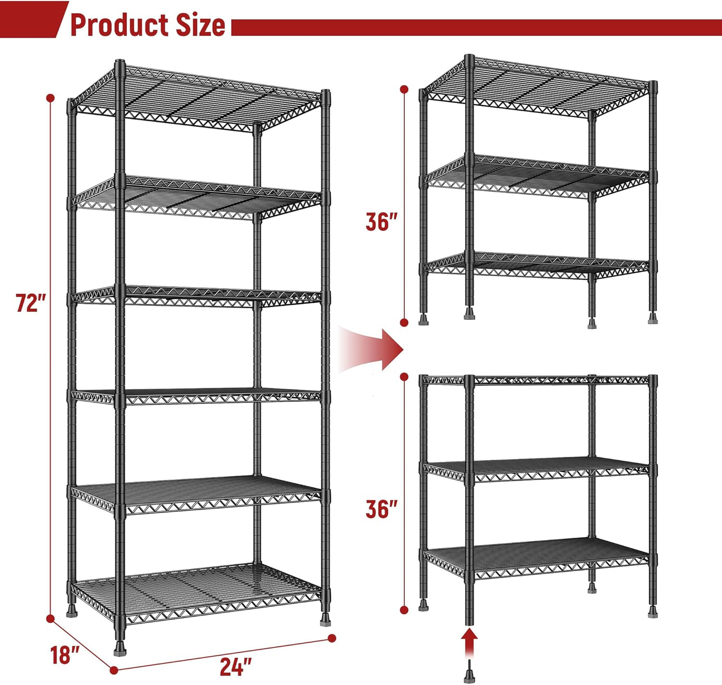 REIBII 72’’H Wire Shelving, 6 Tier Metal Shelving Units and Storage Shelves, Adjustable Garage Shelving for Storage Heavy Duty Shelving for Pantry Shelf Kitchen Garage, 24’’W X18’’D X72’’H