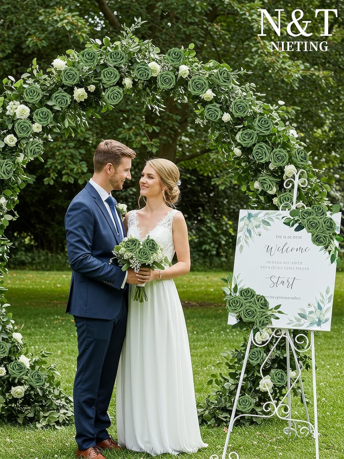 N&T NIETING Artificial Flowers Roses Army Green Foam Rose 50pcs Fake Flowers with Stem for DIY Wedding Bouquets Centerpieces Bridal Baby Shower Party Home Shower Arrangement Decoration