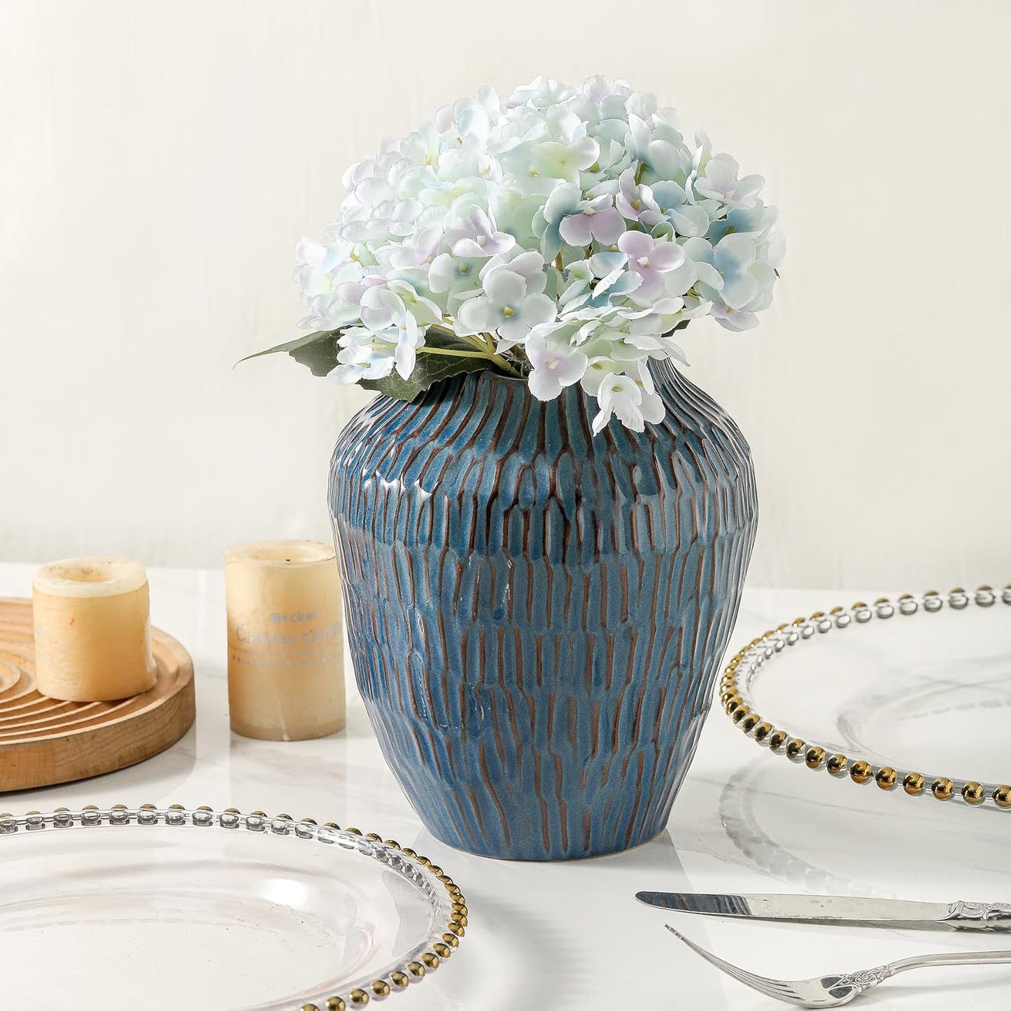 Blue Ceramic Vase for Home Decor,7.8 Inch Flower Vases，Decorative Vase for Pampas Grass，Modern Art Texture Vases for Home Entryway Living Room Dining Table Farmhouse Office Decor- Blue