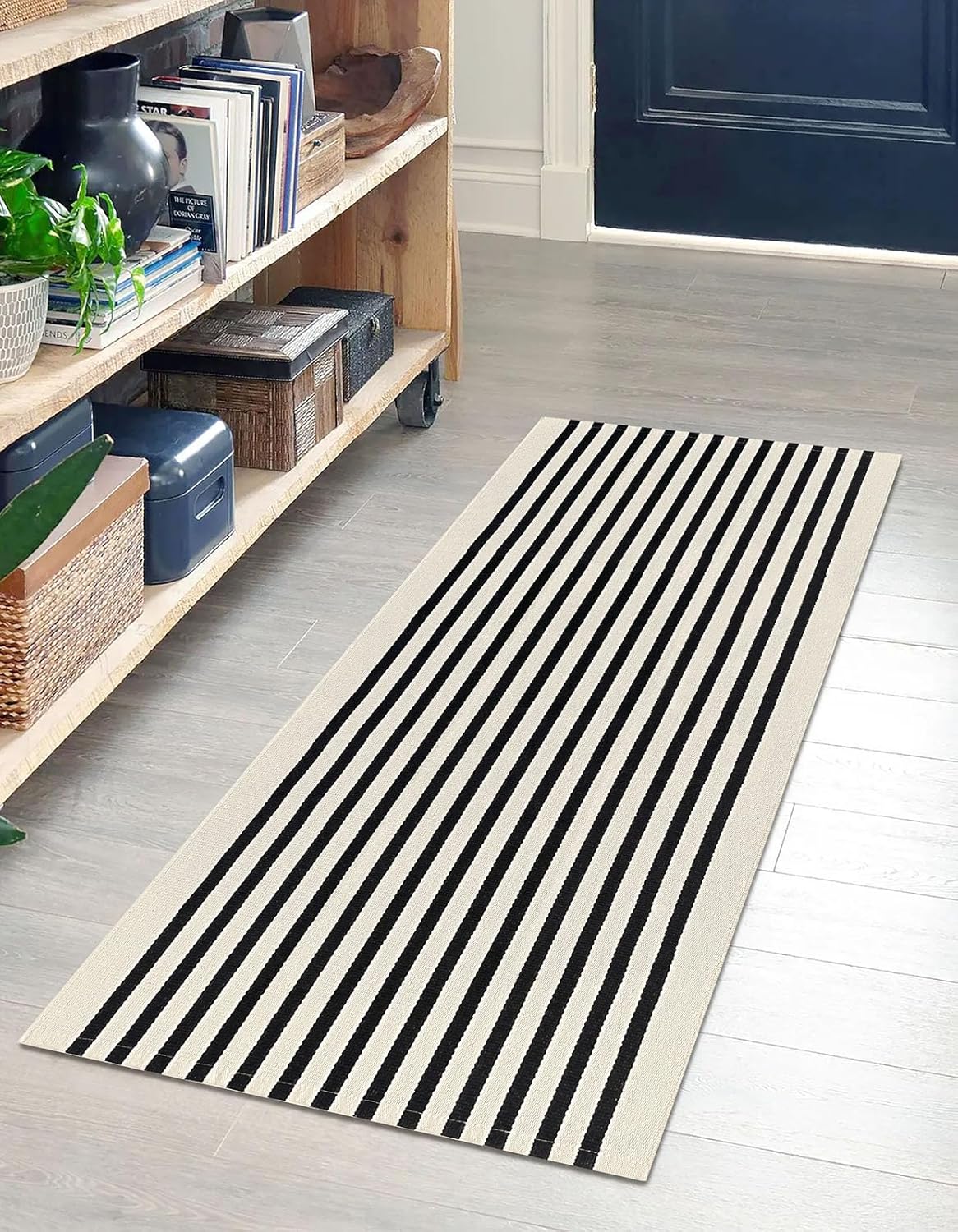 IOHOUZE Black Beige Striped Rug -2'x4.3' Front Door Rugs Outdoor, Small Washable Area Rug for Front Porch, Spring Summer Welcome Mats Outdoor Indoor, Doormat for Entryway Porch Entrance