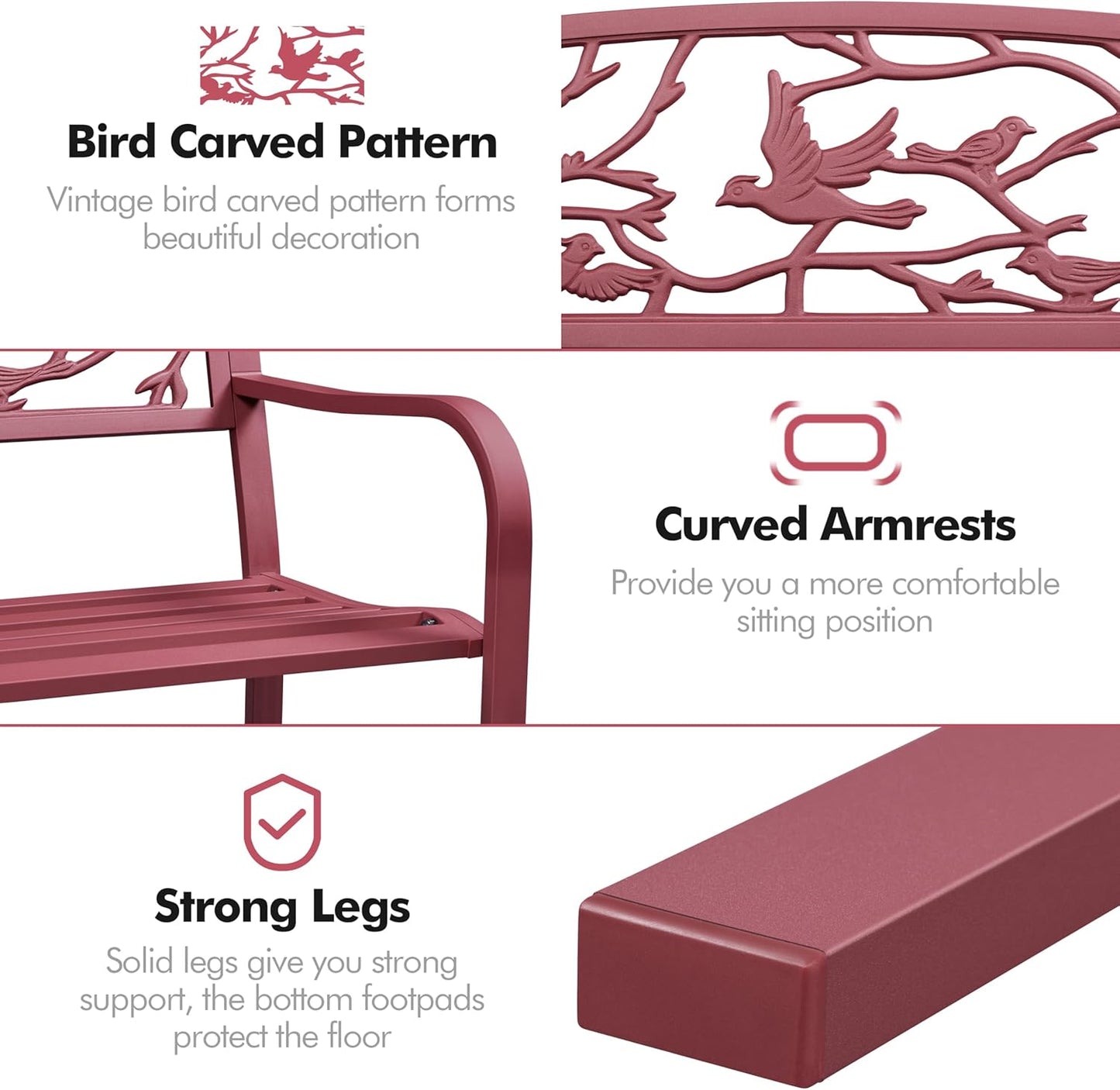 Yaheetech Outdoor Garden Bench Patio Furniture Chair Outdoor with Vintage Bird Pattern Backrest, Slatted Seat, Antique Metal Bench for Yard & Porch & Park, Red