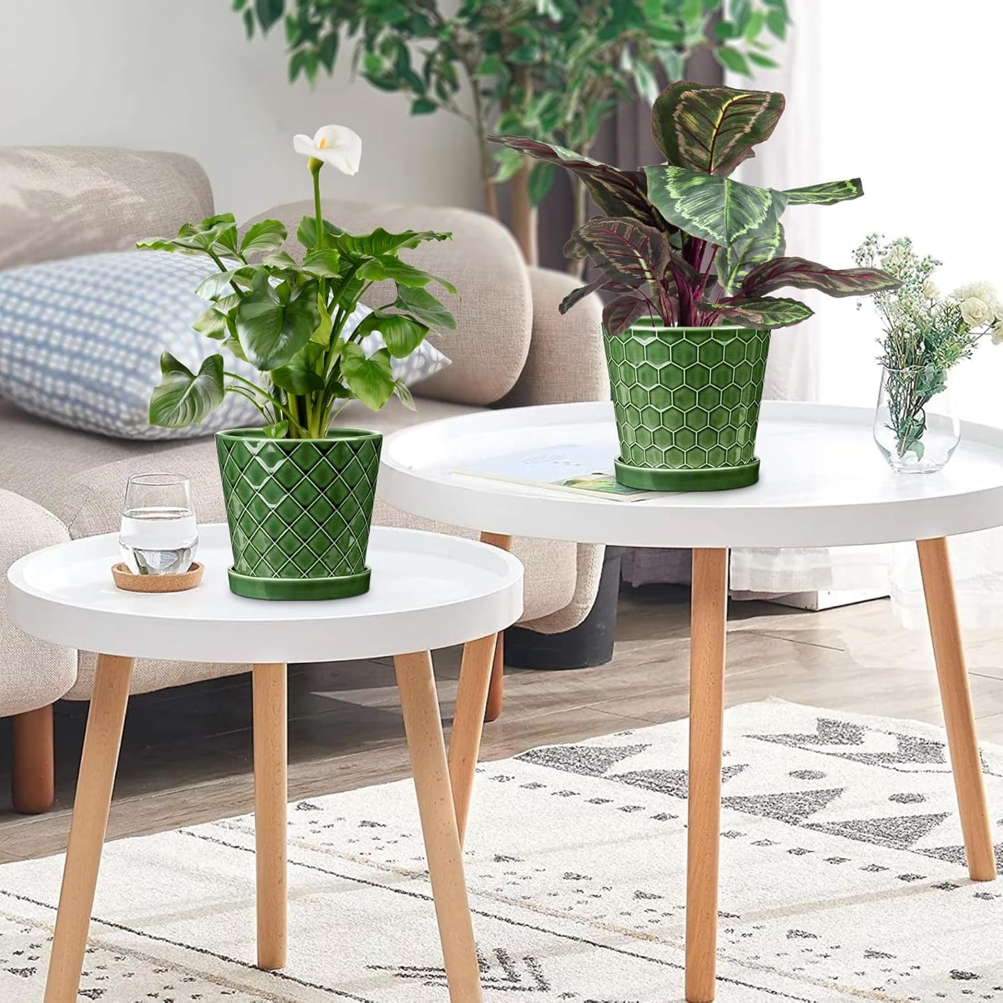 BUYMAX Plant Pots Indoor –6 inch Ceramic Flower Pot with Drainage Hole and Ceramic Tray - Gardening Home Desktop Office Windowsill Decoration Gift, Set of 2(Patina)