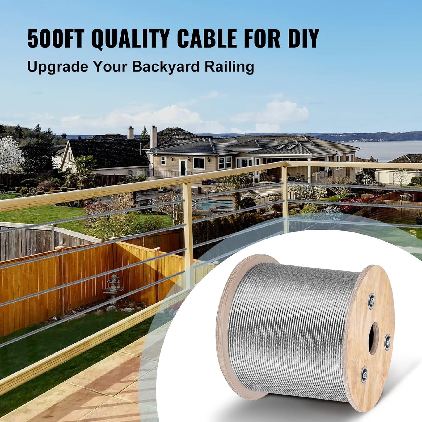 Mophorn Stainless Steel Cable Railing 1/8"x 500ft, Wire Rope 316 Marine Grade, Braided Aircraft Cable 7x7 Strands Construction for Deck,Rail,Balusters,Stair,Handrail,Porch,Fence