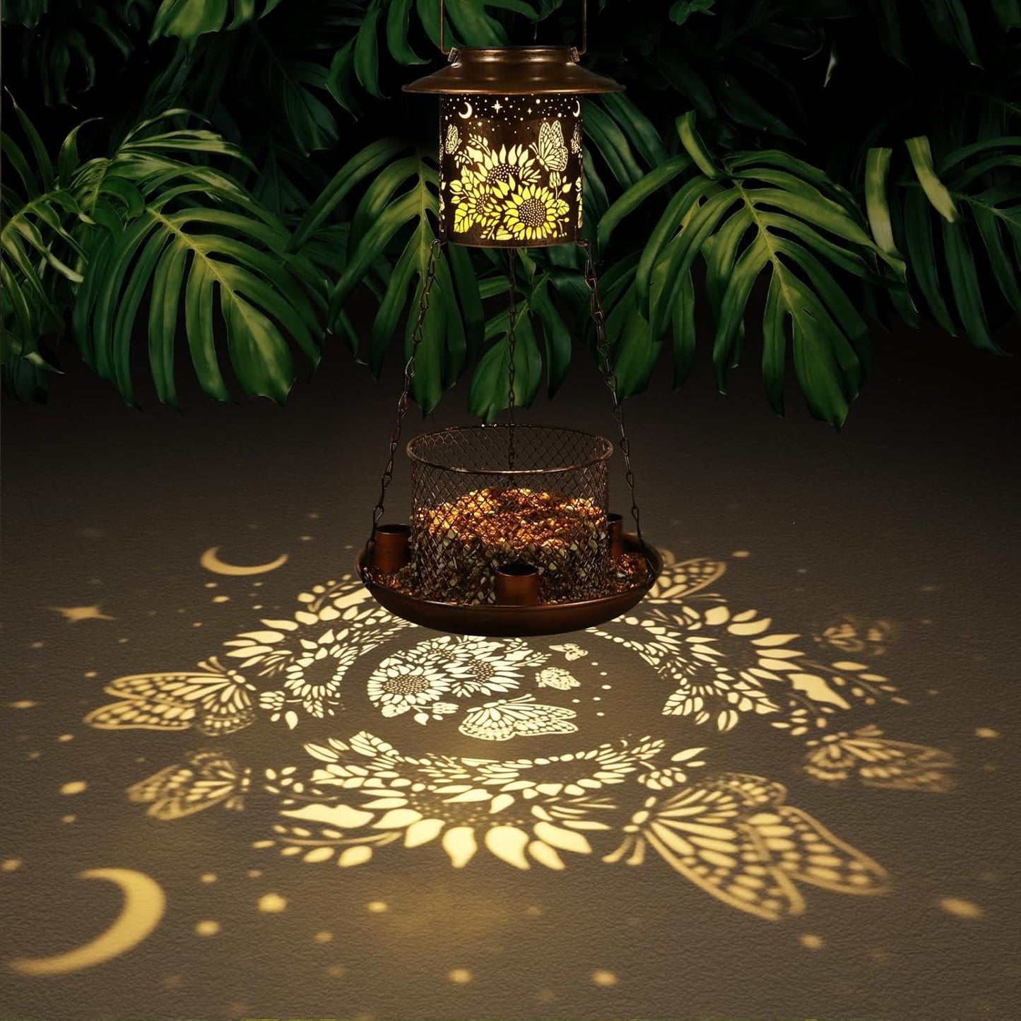 Butterfly Solar Bird Feeder for Outdoor Hanging Gifts for Women Mom Sunflower Metal Wild Birdfeeder Garden Lantern Decor Lanterns Outside for Yard Patio Lawn Pathway Landscape