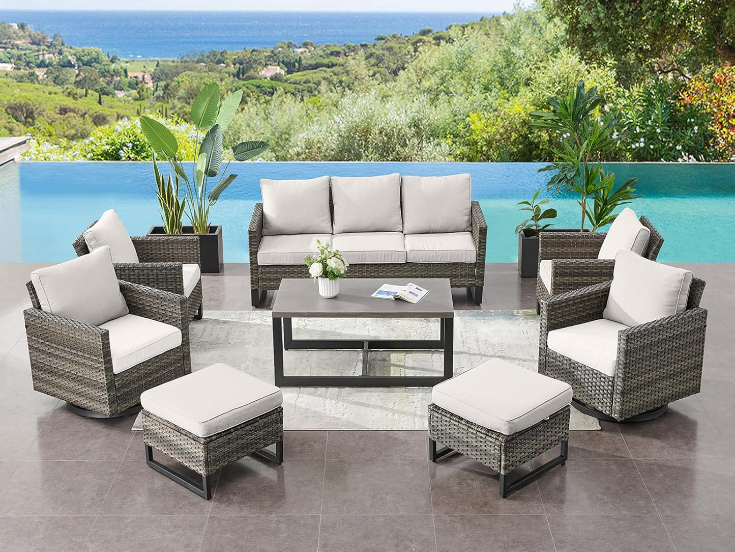 HUMMUH 8 Piece Patio Furniture Set All Weather Wicker Outdoor Sectional Sofa with Patio Chairs,Patio Swivel Glider Chairs Ottomans Coffee Table for Porch,Garden,Backyard