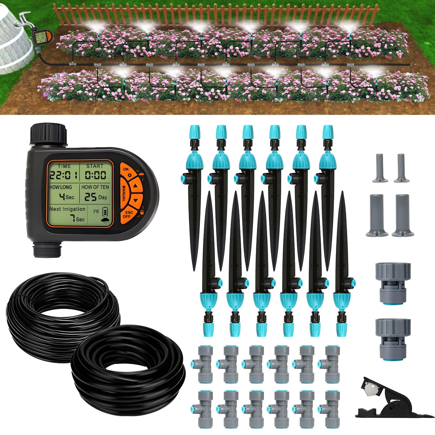 Breeze Touch 120FT Automatic Drip Irrigation Kits with Garden Timer, Garden Watering System for Lawn, Quick Connector Design Irrigation System Kit with Easy Programmable Water Timer