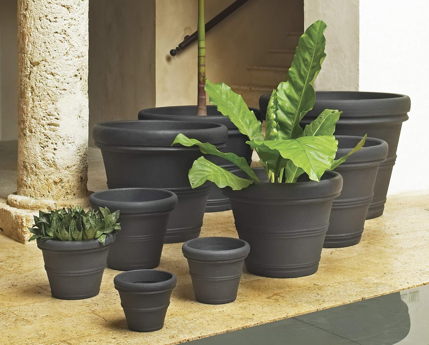 Crescent Garden Brunello Classic Rolled Rim Planter Pot, Indoor/Outdoor Weather-Safe Round Plant Pot, 16'' (Caviar Black)