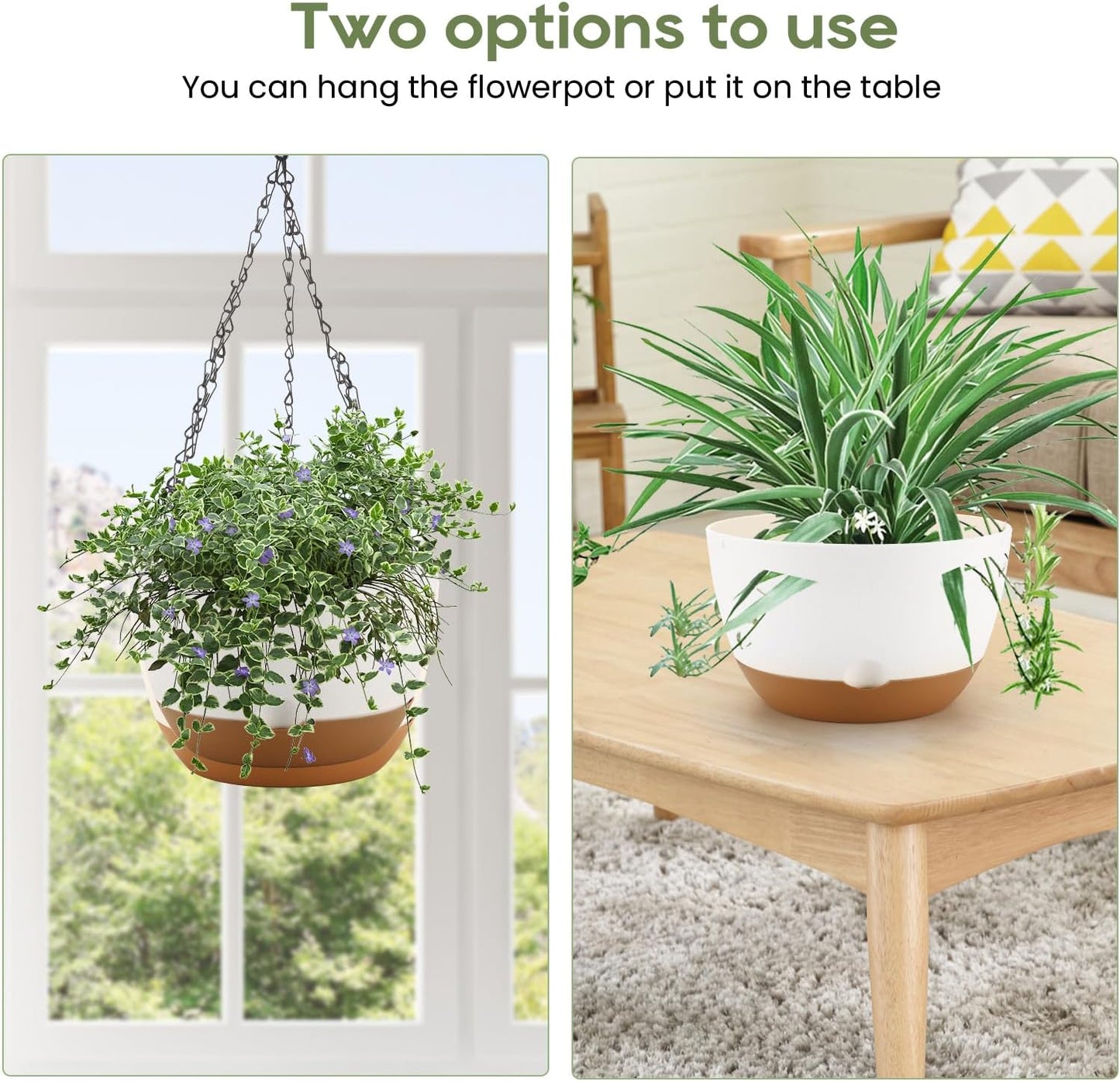 10 Inch Hanging Planter, 2 Pack Hanging Plant Self Watering Pot with Drainage Holes and Saucers, Hanging Baskets Flower Pots with Macrame Rope Hangers for Garden Home -White