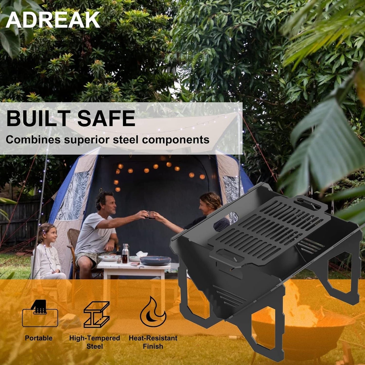 20 inch Fire Pit, Outdoor Portable Firepit with BBQ Tray, Detachable Camping Steel Fire Pits for Backyard, Patio, Picnic, Bonfire, Garden (Black-Large)