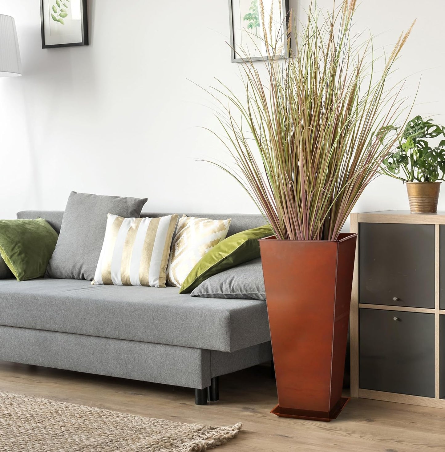 KOL 25''H. Galvanized Steel Planter with Saucer, Tall Glazed Planter Pots for Indoor & Outdoor Use, Set of 2, Decorative Flower Plant Pots with Drainage Hole for Porch, Patio, Deck - Reddish Brown