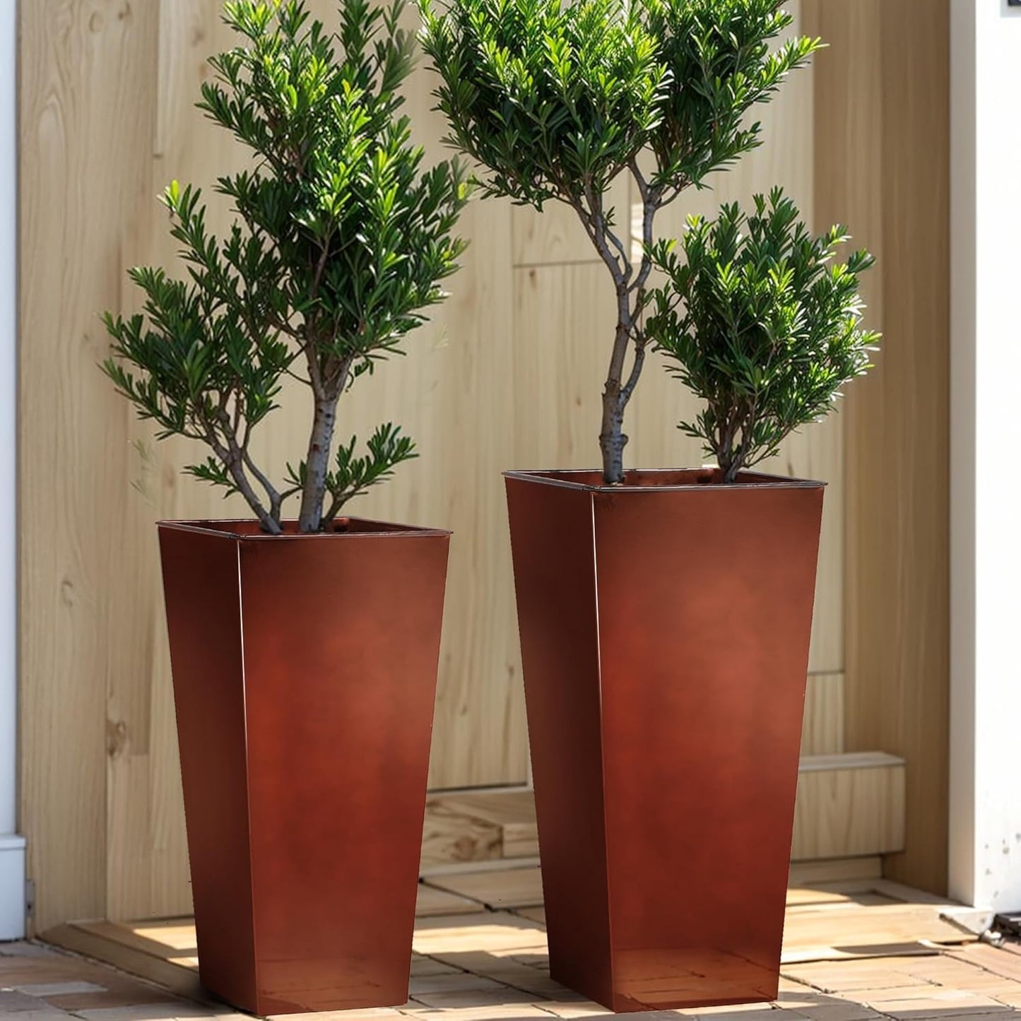 KOL 25'' & 28'' Tall Galvanized Steel Metal Glazed Planter with Insert, Set of 2, Metal Planter Pots for Indoor & Outdoor Use, Decorative Flower Plant Pots for Front Porch, Patio, Deck - Brown