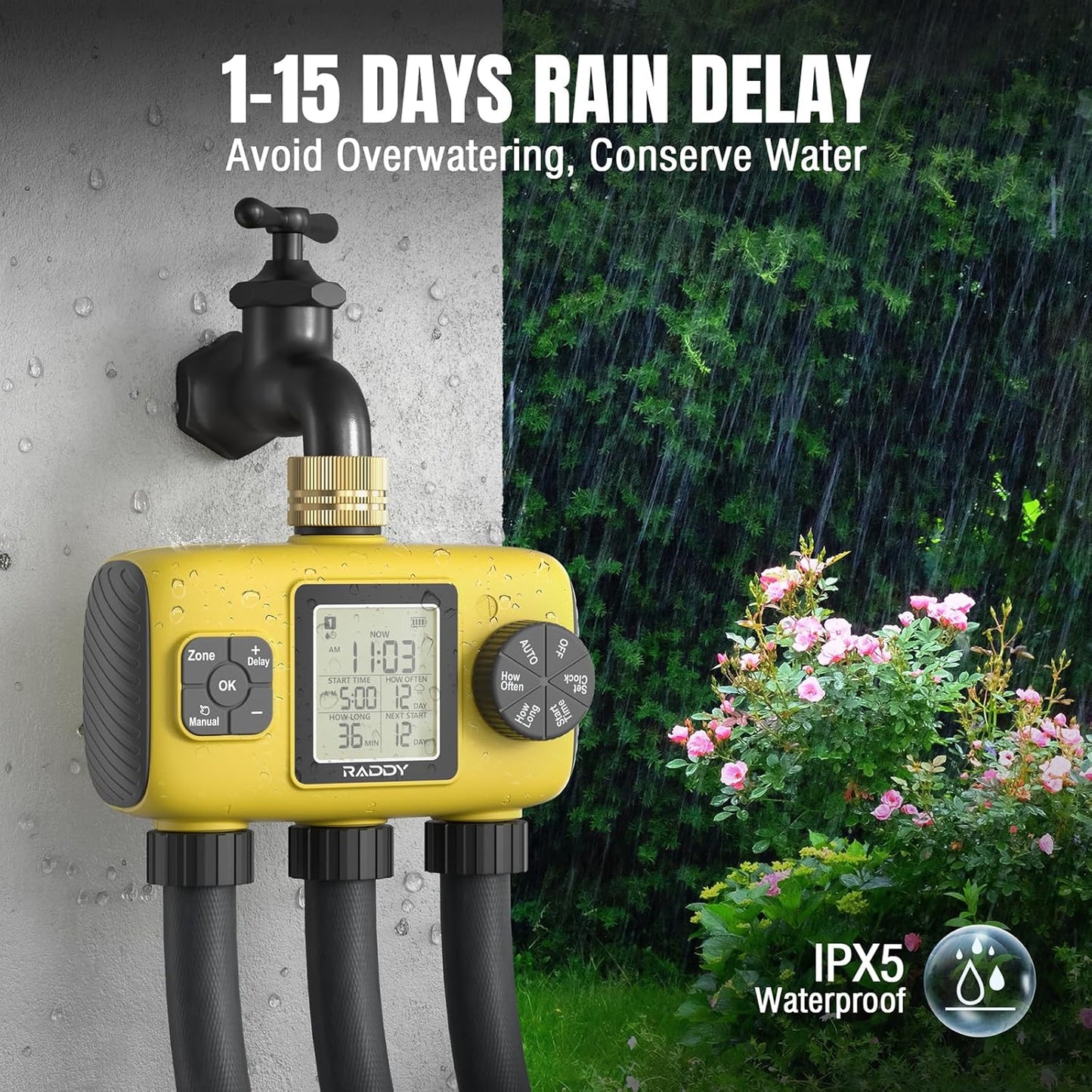 Raddy WS-8 Sprinkler Timer 3 Zone, Heavy-Duty Outdoor Irrigation Controller with Manual Watering, Rain Delay, High-Pressure 6V Valve, Fully Waterproof for Garden Yard, Yellow