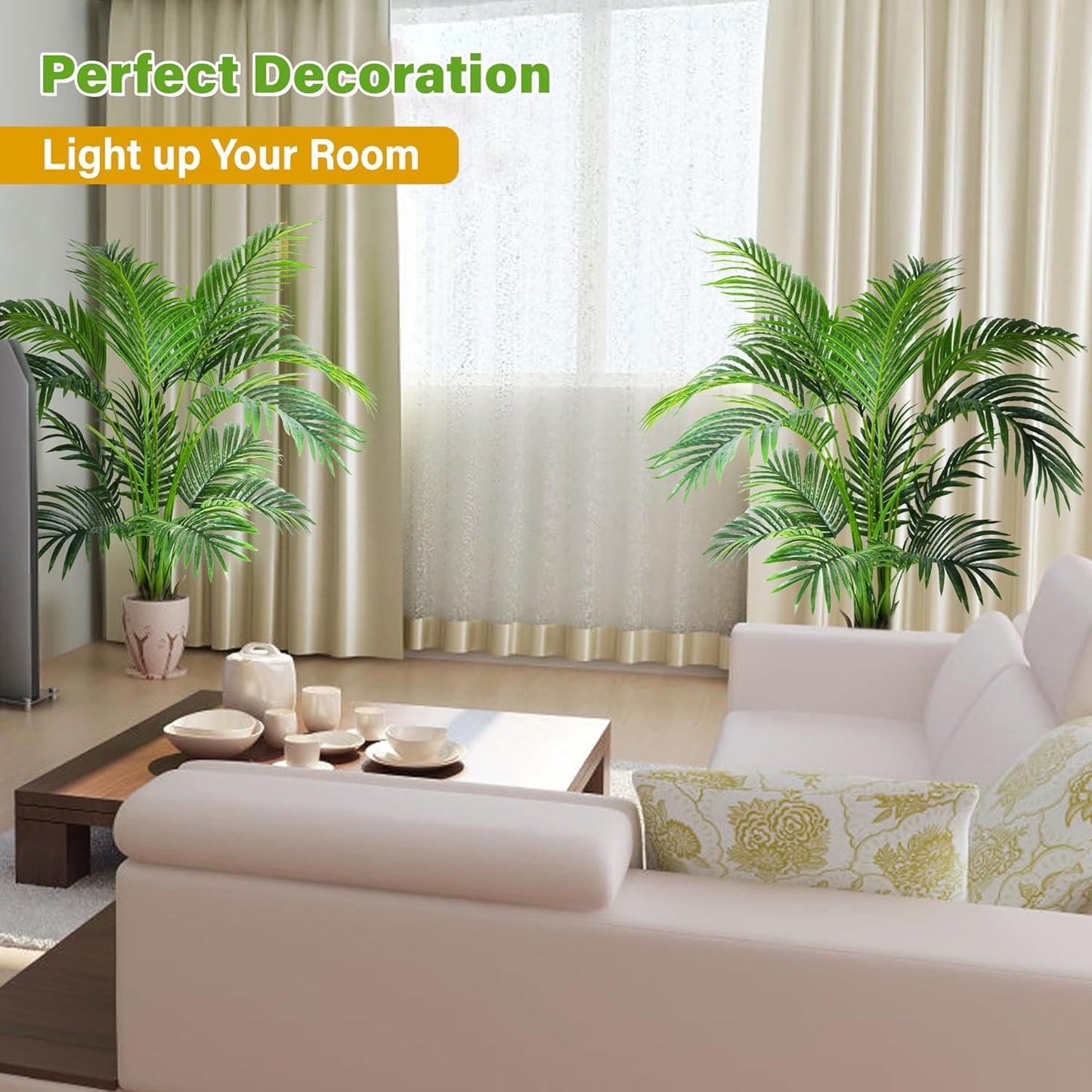 KOL 4ft 2-Pack Artificial Palm Tree Plant, 47in Fake Cane Areca Palm Silk Tree Indoor Outdoor,Dypsis Lutescens, Realistic Faux Silk Plants for Office Home Garden Decoration, Lifelike Modern Decor