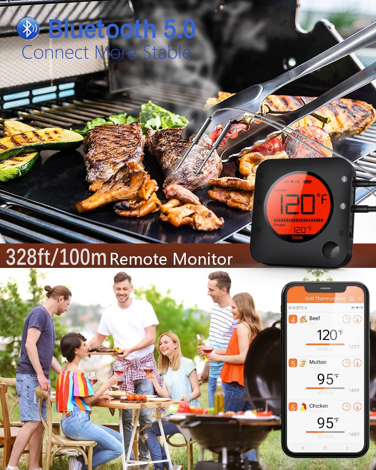 BFOUR Meat Thermometer Wireless Bluetooth, LCD Digital Meat Thermometer with Dual Probe, Wireless Remote BBQ Thermometer for Smoker Kitchen Cooking Grill Thermometer for Grilling BBQ Oven