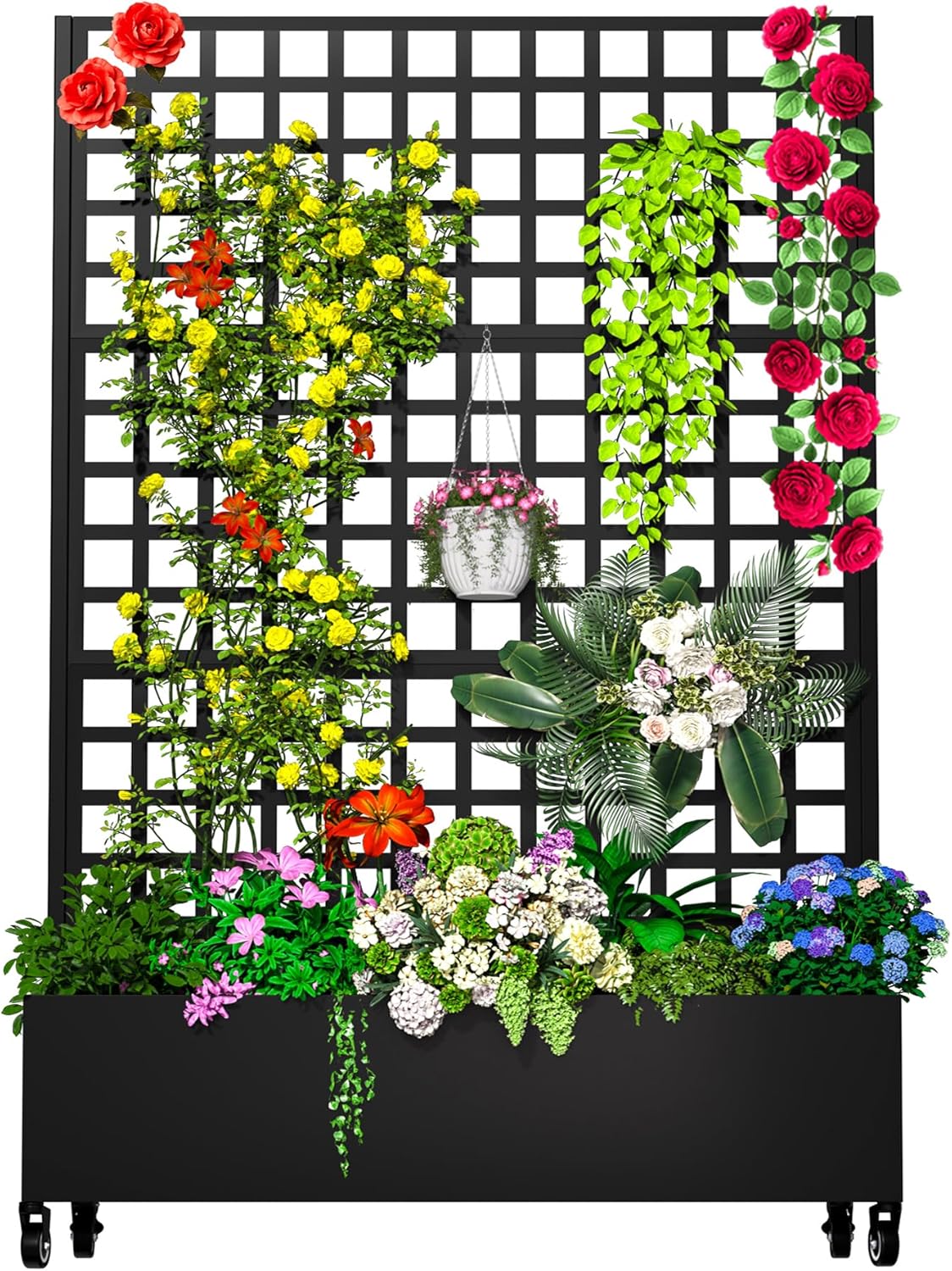 Metal Planter Box with Trellis, 72"x47"x16" Outdoor Galvanized Raised Garden Bed with Privacy Screen & Drainage Holes & Lockable Casters for Climbing Plants, Vegetable, Vines (Black-Grid)