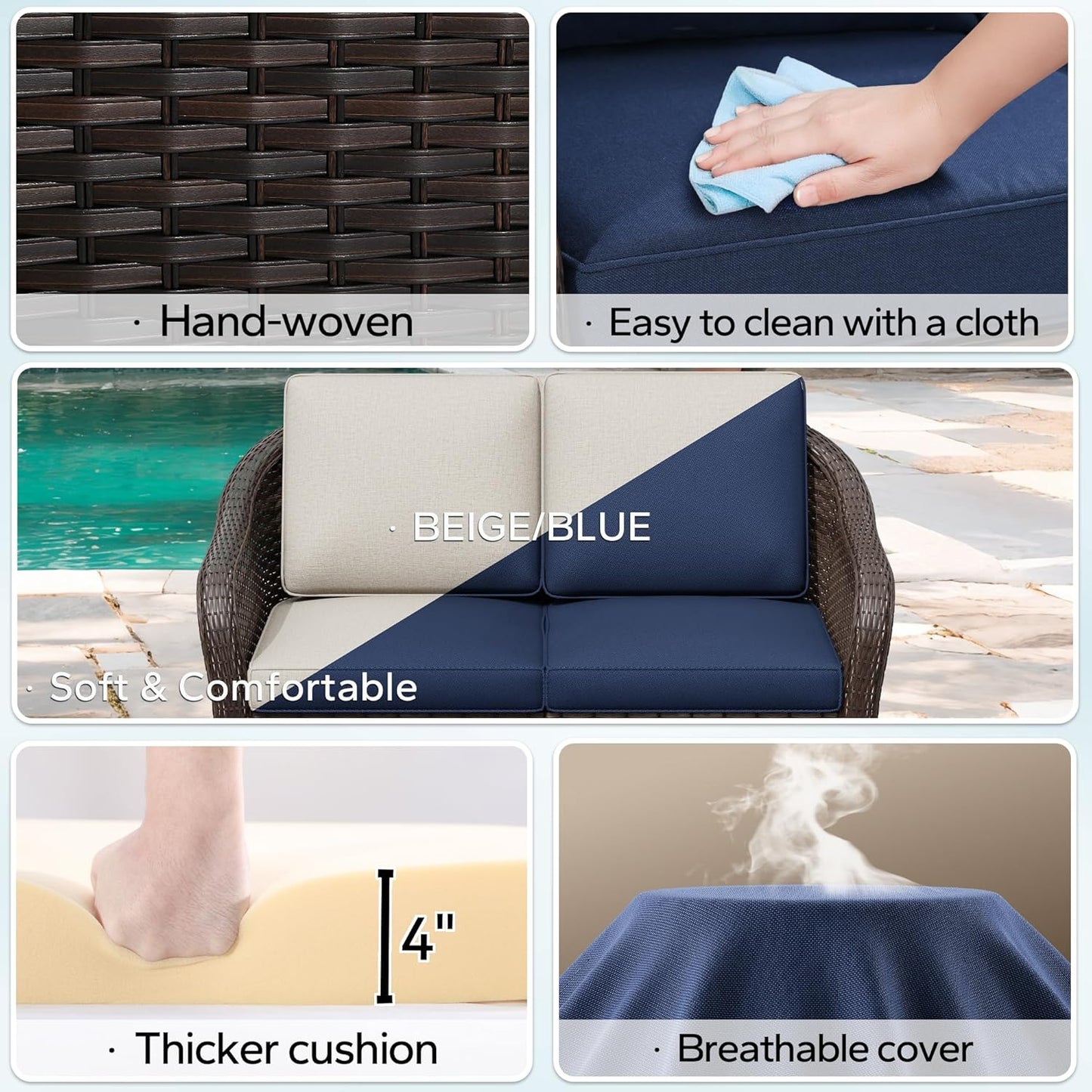 3 Pieces Outdoor Patio Conversation Set, 55" Couch, 2 Chairs, Rattan Wicker Conversation Furniture with Removable Cushions for Bistro, Deck (Navy Blue)