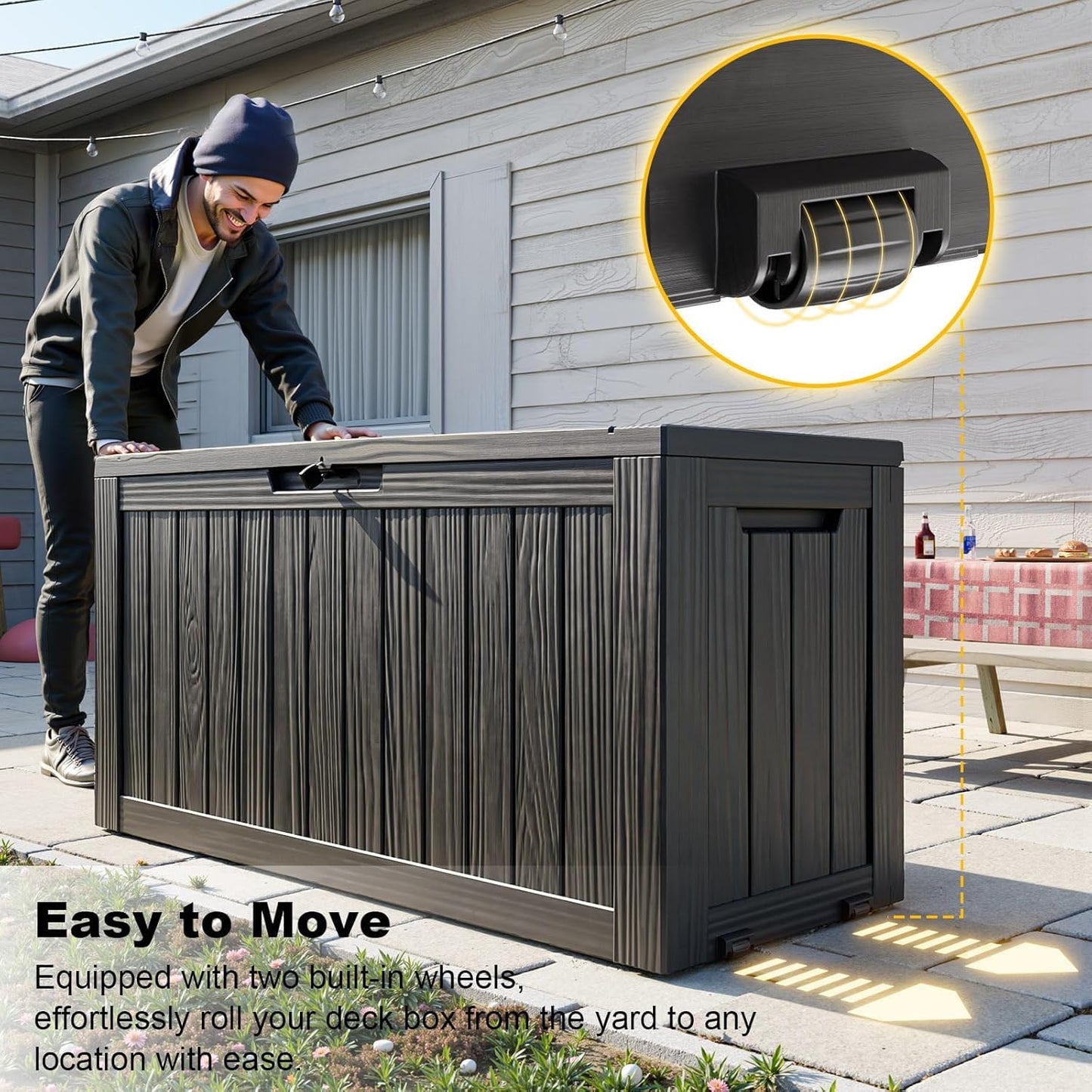 75 Gallon Resin Deck Box, Lockable Outdoor Storage Box for Patio Cushions Storage Furniture,Garden Tools, Pool Supplies, Weatherproof and UV Resistant（Black）