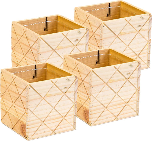 Wood Planter Box with Diamond Cross Hatch Style, 5 Inch Square, Rose Wood, Plastic Liner, Wedding Flowers Holder, Home and Venue Decor (5x5 Diamond Cross Hatch Set of 4, Rose Wood)