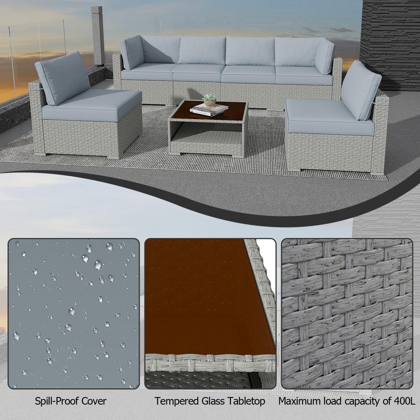 Patio Furniture Set 7-Piece, All-Weather Outdoor Conversation Set Sectional Sofa with Water Resistant Grey Thick Cushions and Coffee Table（Grey）