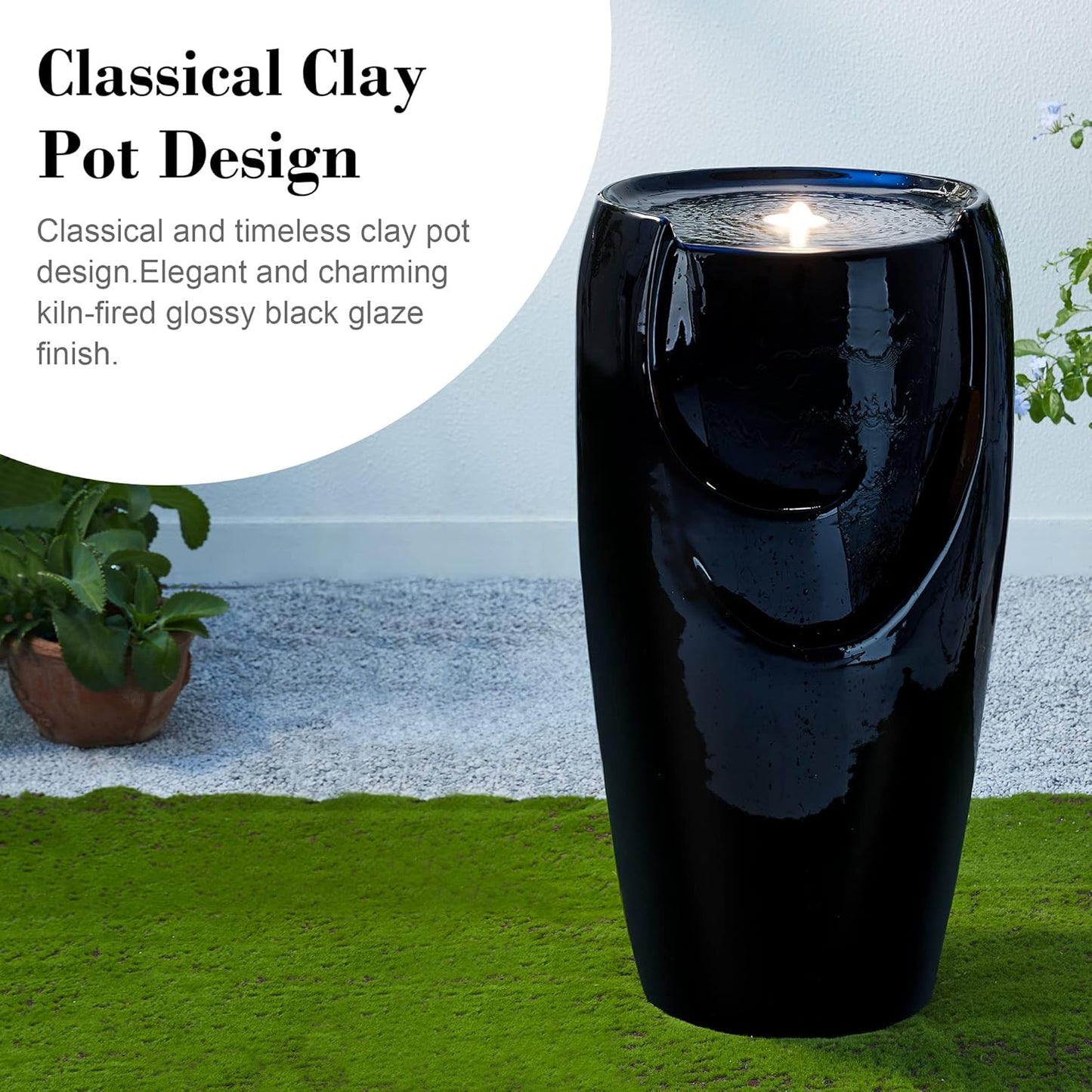 Glitzhome 29.25" H Oversized Ceramic Vase Outdoor Water Fountain Tall Patio Garden Water Fountain with LED Light and Submersible Pump Yard Art Decor, Black, 29.25”H