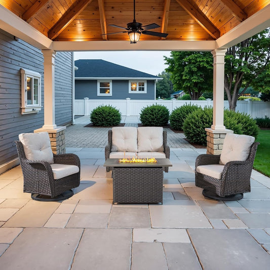 4 Piece Patio Furniture Set with Fire Pit Table - 41inch 50000 BTU Propane Fire Pit Table with High Back Loveseat Glider Chair and 2 Swivel Rocker Chair for Casual Gathering