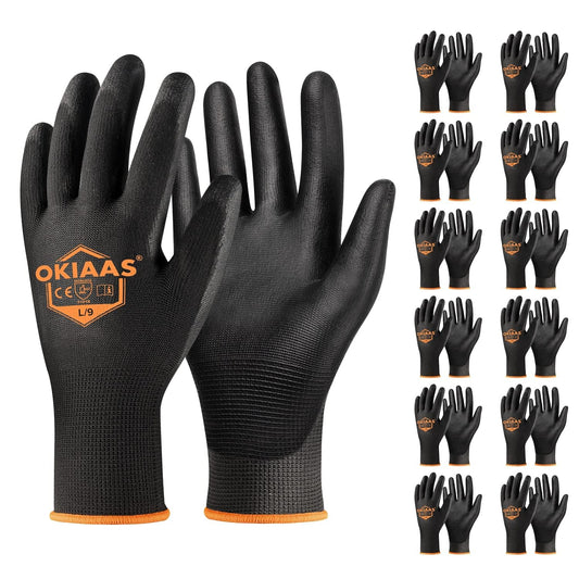 OKIAAS Work Gloves for Men,Ultra Thin and Lightweight Working Gloves with Grip,12 Pairs Bulk Pack Construction Gloves with Polyurethane Coating,Safety Gloves for Light Duty Work (Black, Large)