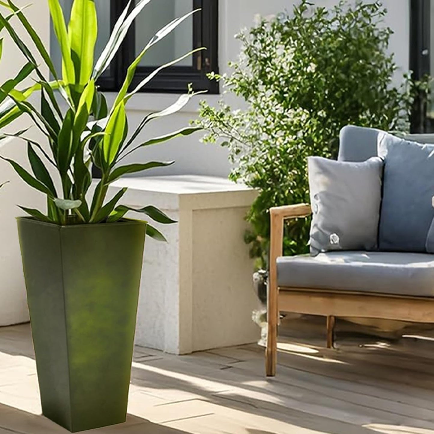 KOL 28''H. Tall Metal Planter with Saucer, Galvanized Steel Glazed Planter Pots with Drainage Hole for Indoor & Outdoor Use, Set of 2, Decorative Flower Plant Pots for Front Porch, Patio, Deck - Green