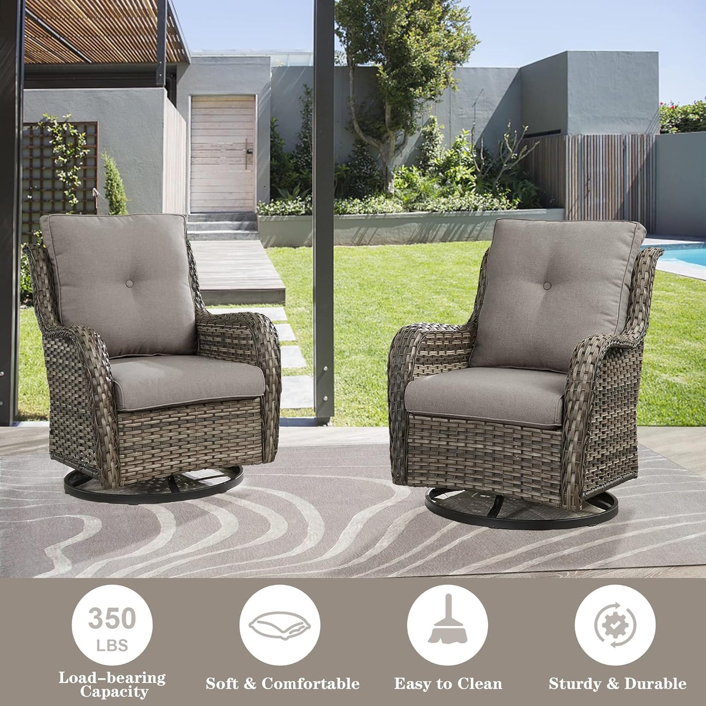 Outdoor Furniture Sectional Sofa L Shaped Couch - Patio Wicker Set with 2 Swivel Glider Chairs, 5 Piece Rattan Patio Conversation Sets with Gray Cushion for Deck Backyard Sunroom