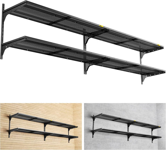 2-Pack 2 Tier 1.3x4ft Garage Shelving Wall Mounted, 800 lbs Load Capacity，15.6x48inch per Shelf Height Cassette Adjustable Floating Shelves(Black)