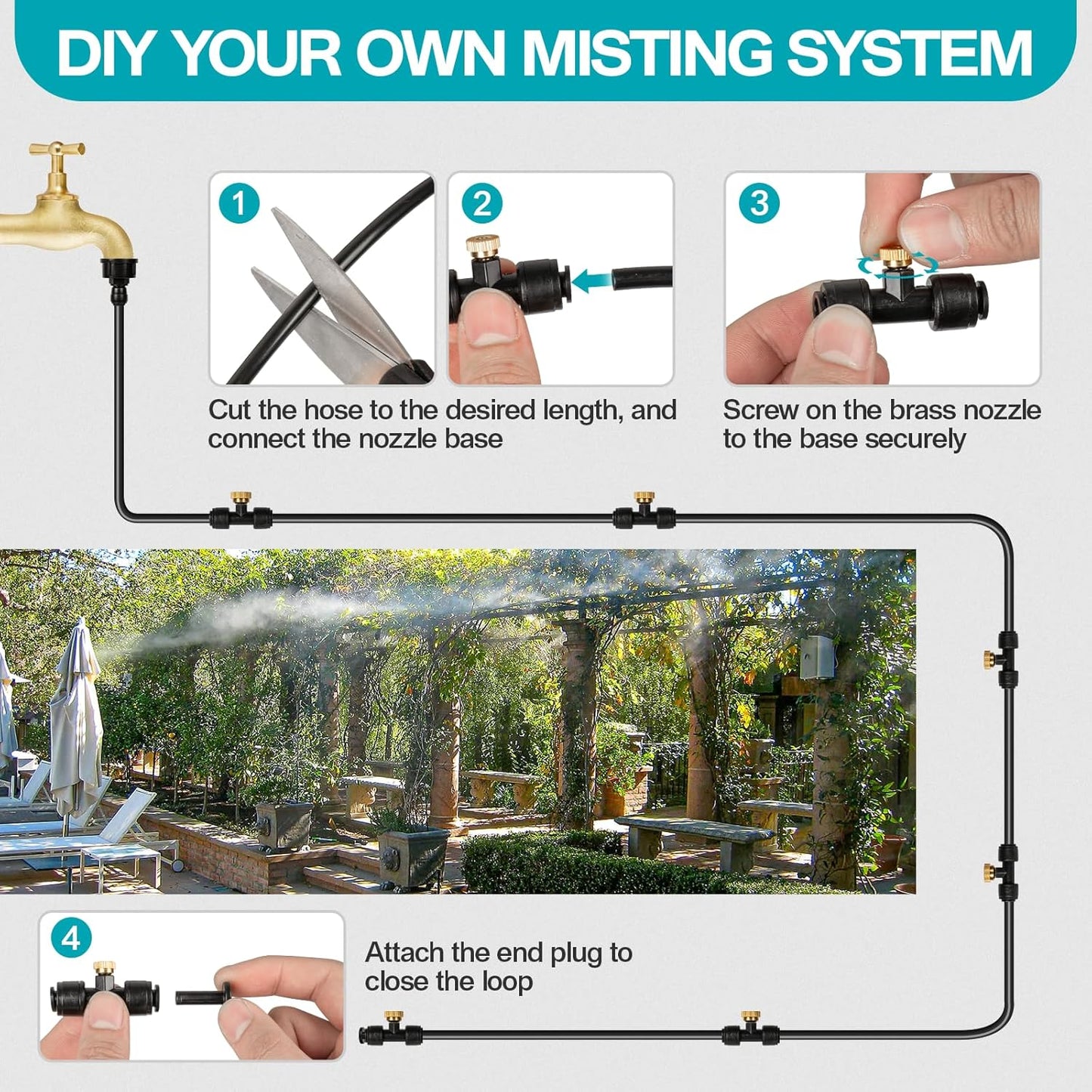 OnBrand Patio Water Misters for Cooling Outdoor, 100FT Mister for Outside with 3/4" Adapter and Filter, Misting Cooling System with 2 T-Joints and 30 Brass Nozzles for Greenhouse Trampoline Coop