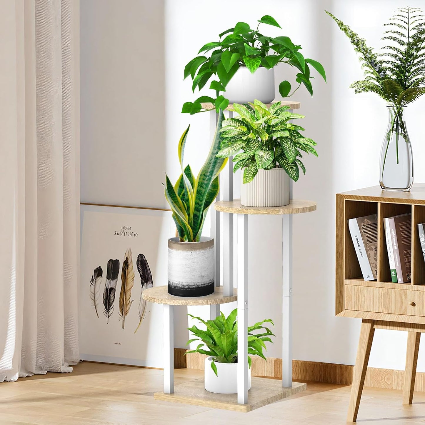 4 Tier Wood Tall Plant Stand Metal Rack Indoor, Multiple Flower Pot Holder Shelves Corner Rack, Round Planter Shelf Display Rack Storage Organizer for Patio Living Room Balcony(White Oak)